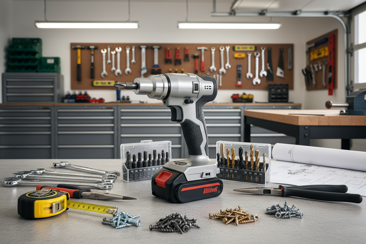 electric screwdriver and some nice tools and accessories, a workshop garage in background